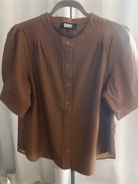 DKNY Brown Leather-Look Button Front Short Sleeve Blouse